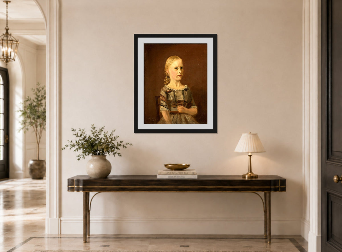 Amaldus Nielsen Print, Portrett av kunstnerens kusine fru Caterine Kamstrup (12 år) (1859) displayed above a console table