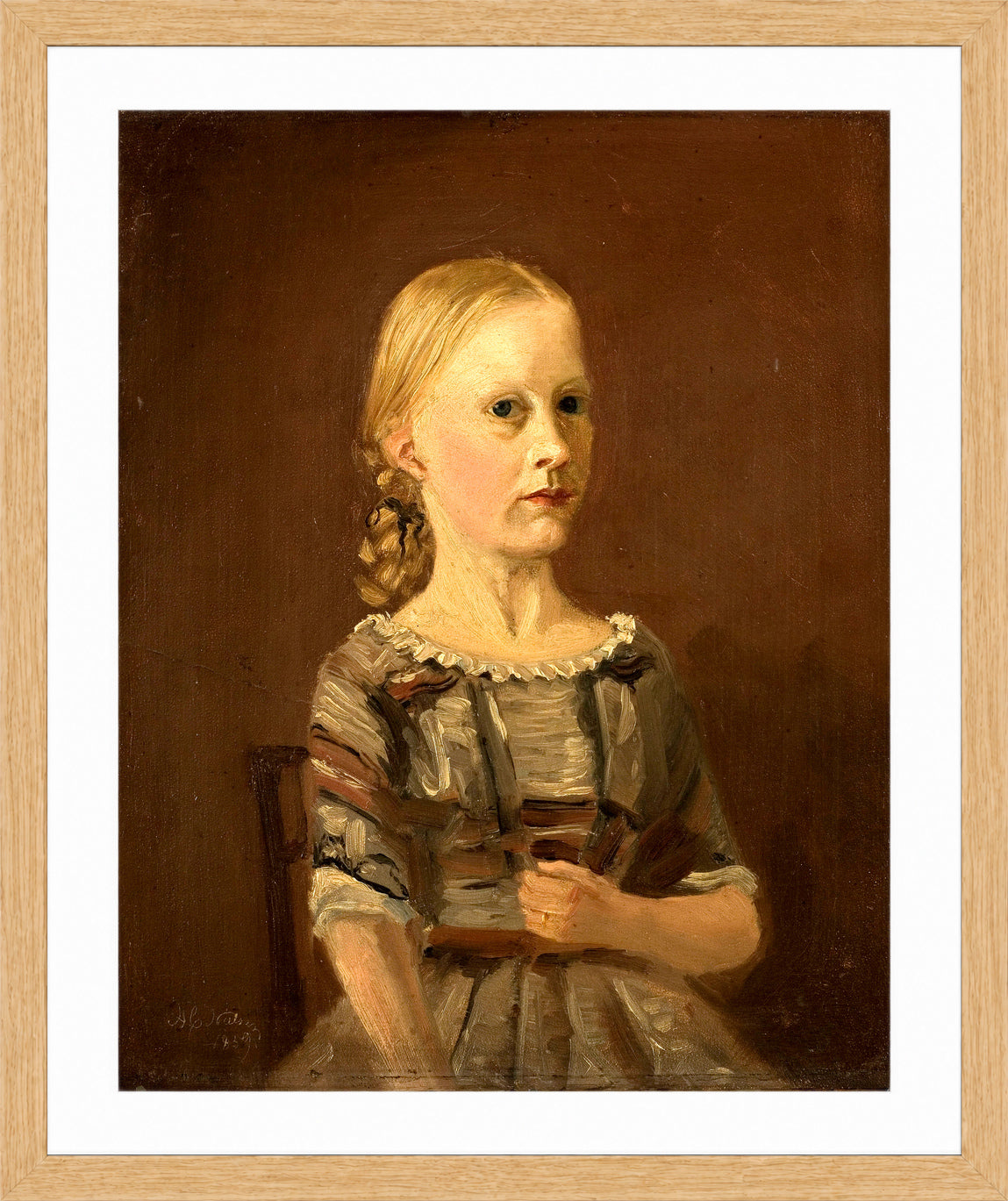Amaldus Nielsen Print, Portrett av kunstnerens kusine fru Caterine Kamstrup (12 år) (1859) in a light oak frame