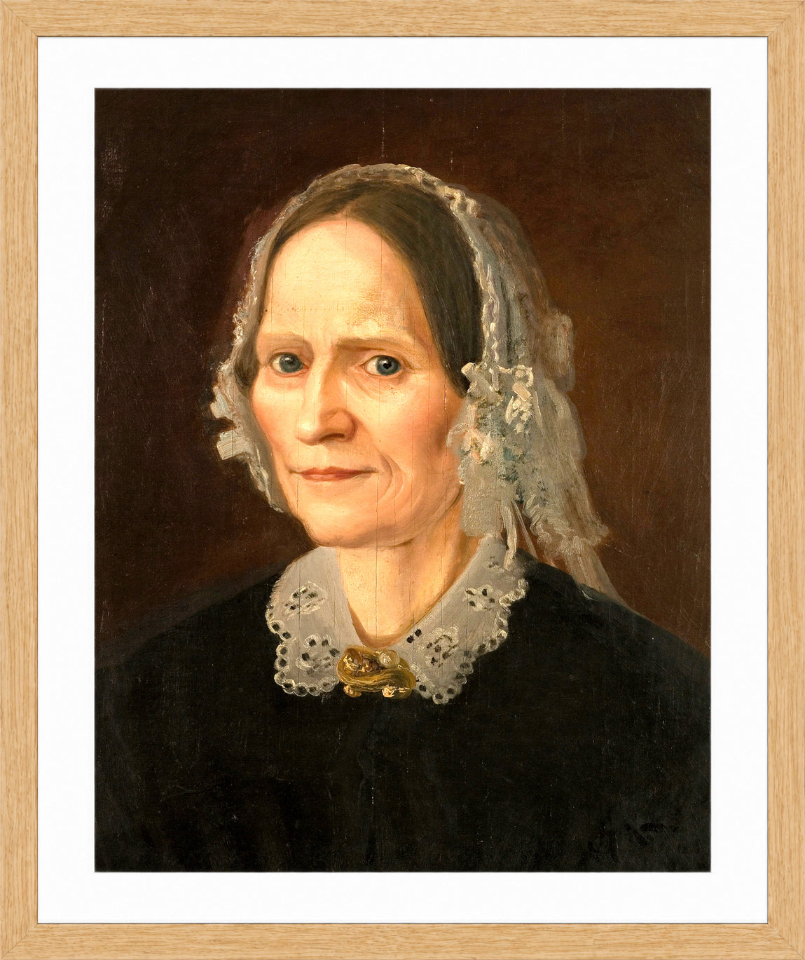 Amaldus Nielsen Print, Portrett av kunstnerens mor (1859) in a light oak frame