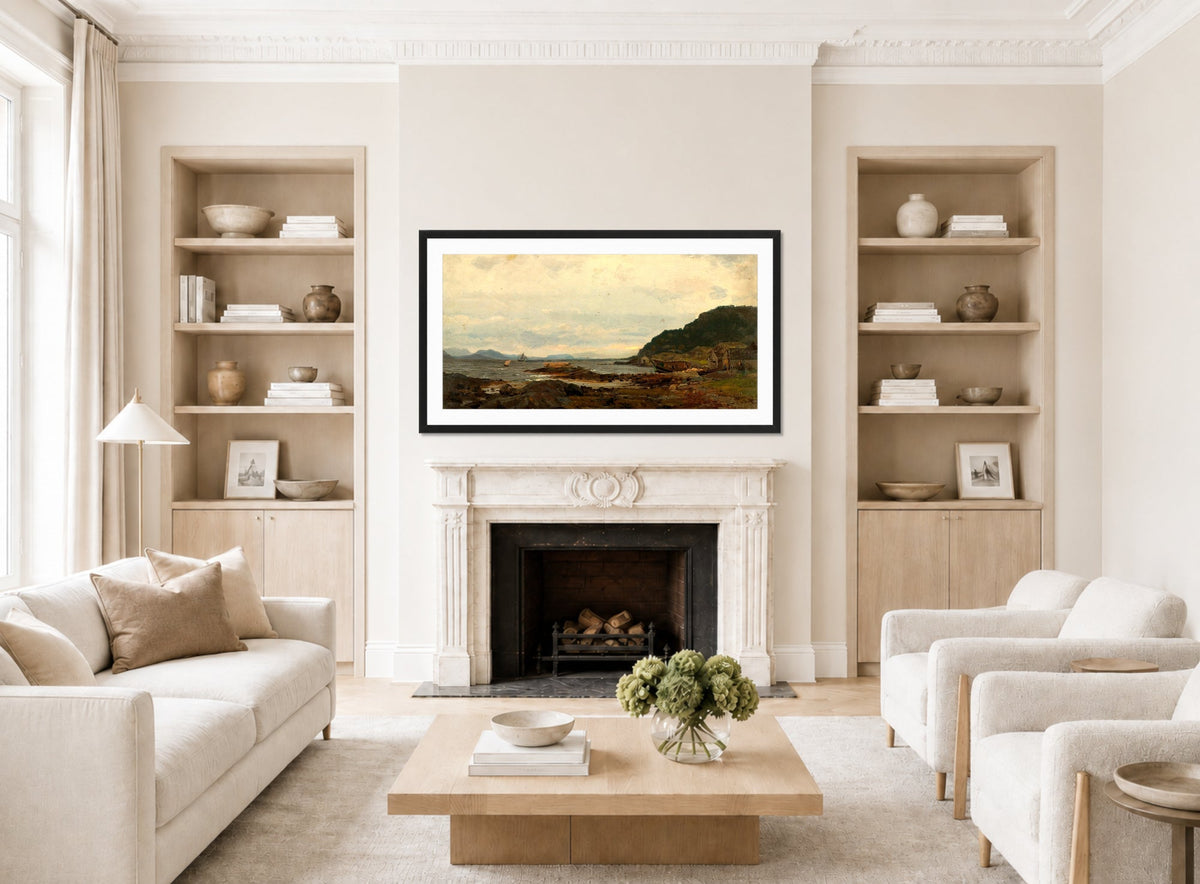 Amaldus Nielsen Print, Regnstemning, Bømmelen (1861) displayed in a Scandinavian living room