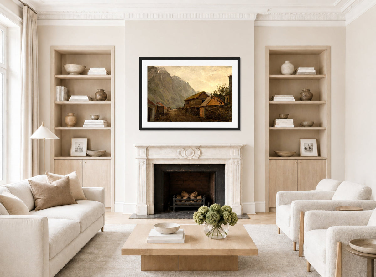 Amaldus Nielsen Print, Regnstemning, Gudvangen (1865) displayed in a Scandinavian living room