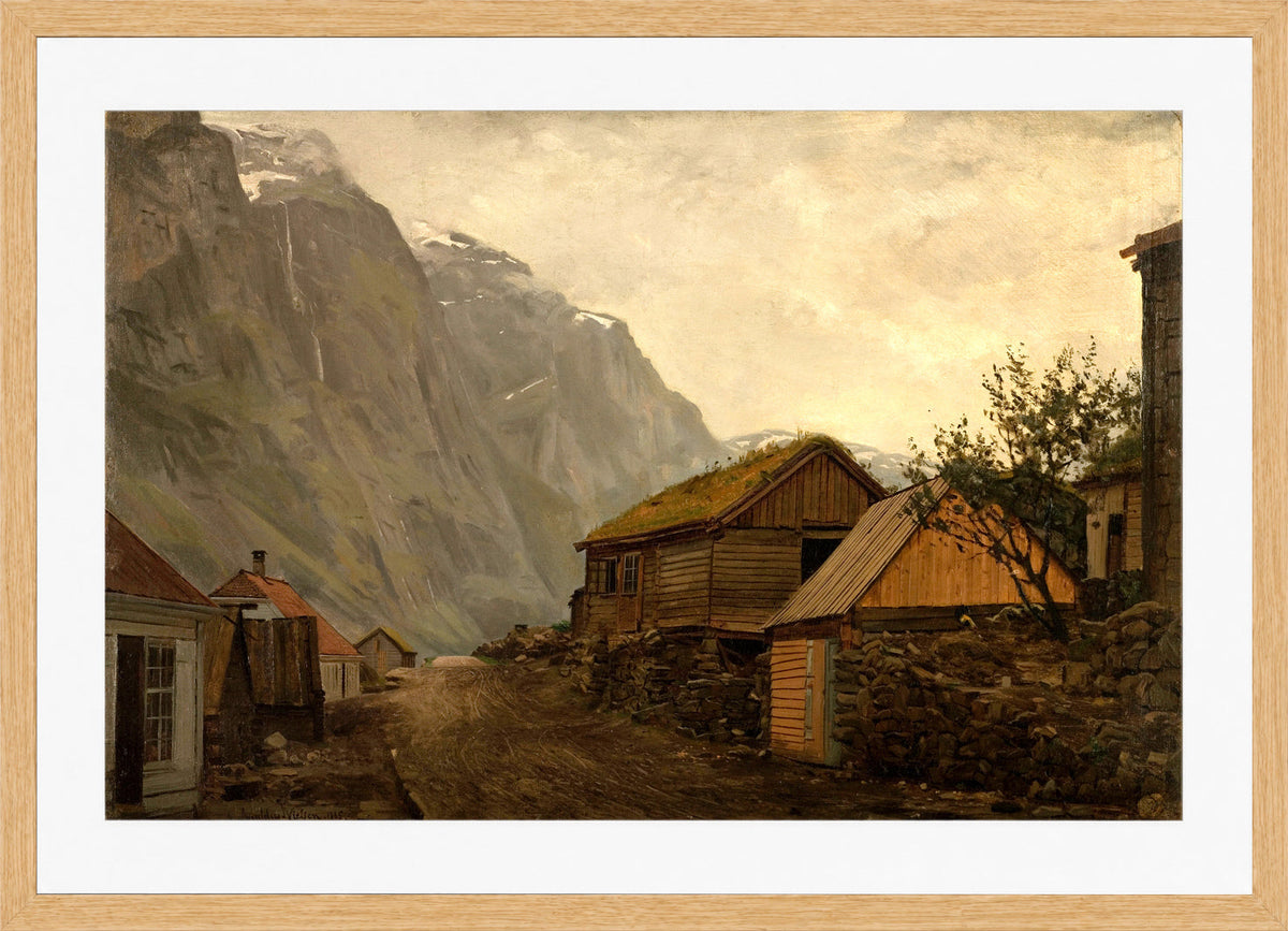 Amaldus Nielsen Print, Regnstemning, Gudvangen (1865) in a light oak frame