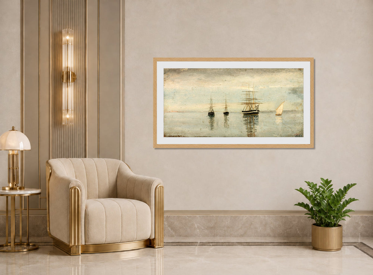 Amaldus Nielsen Print, Regnstemning med sol, Cadix (1860) displayed in an Art Deco interior