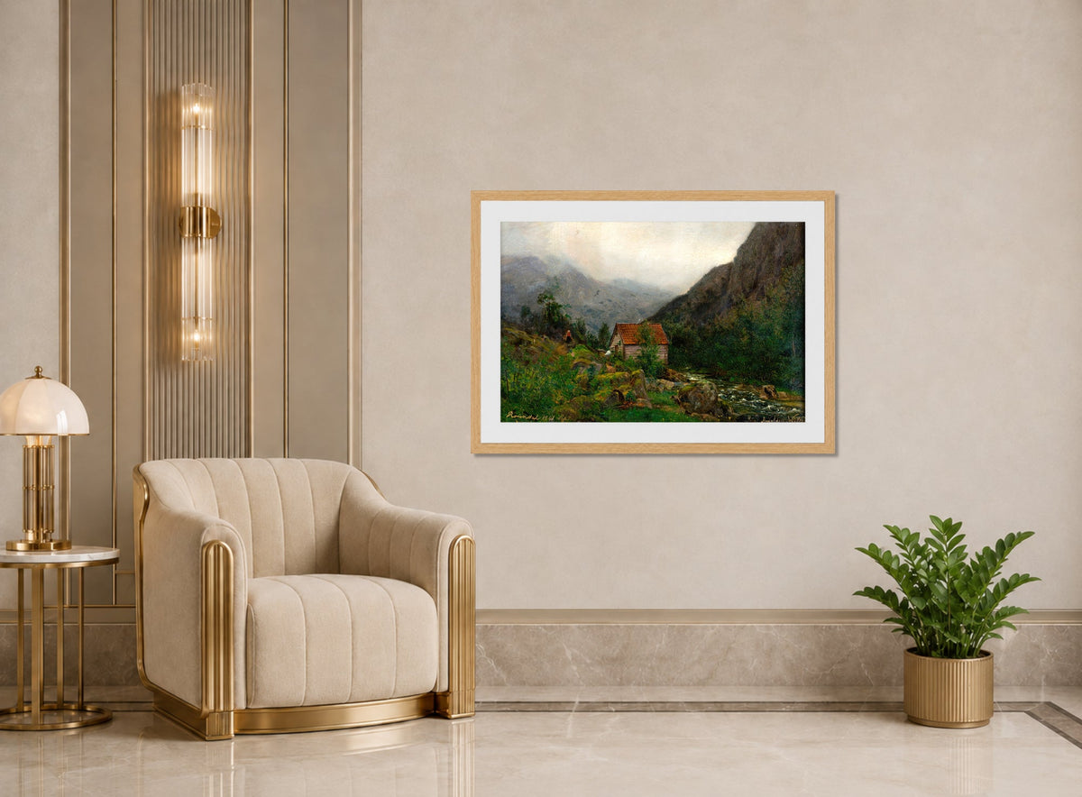 Amaldus Nielsen Print, Regnstemning, Rosendal (1861) displayed in an Art Deco interior