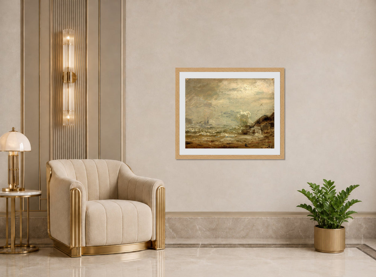 Amaldus Nielsen Print, Regntykke med brenninger displayed in an Art Deco interior