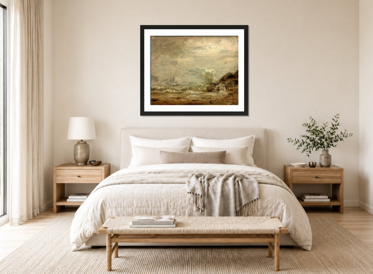 Amaldus Nielsen Print, Regntykke med brenninger displayed above a bed