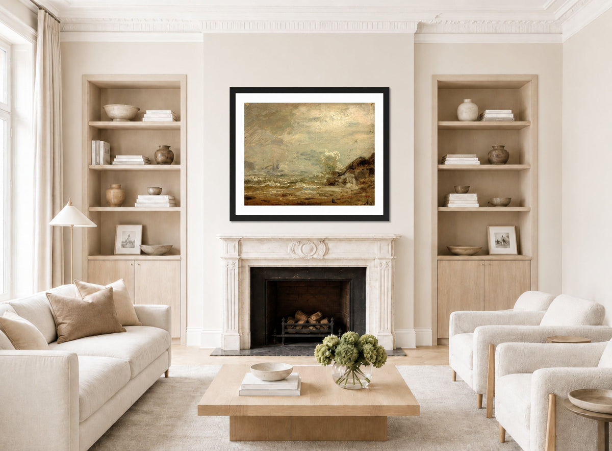 Amaldus Nielsen Print, Regntykke med brenninger displayed in a Scandinavian living room