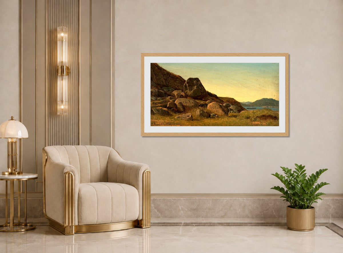Amaldus Nielsen Print, Sørlandsk landskap (1868) displayed in an Art Deco interior