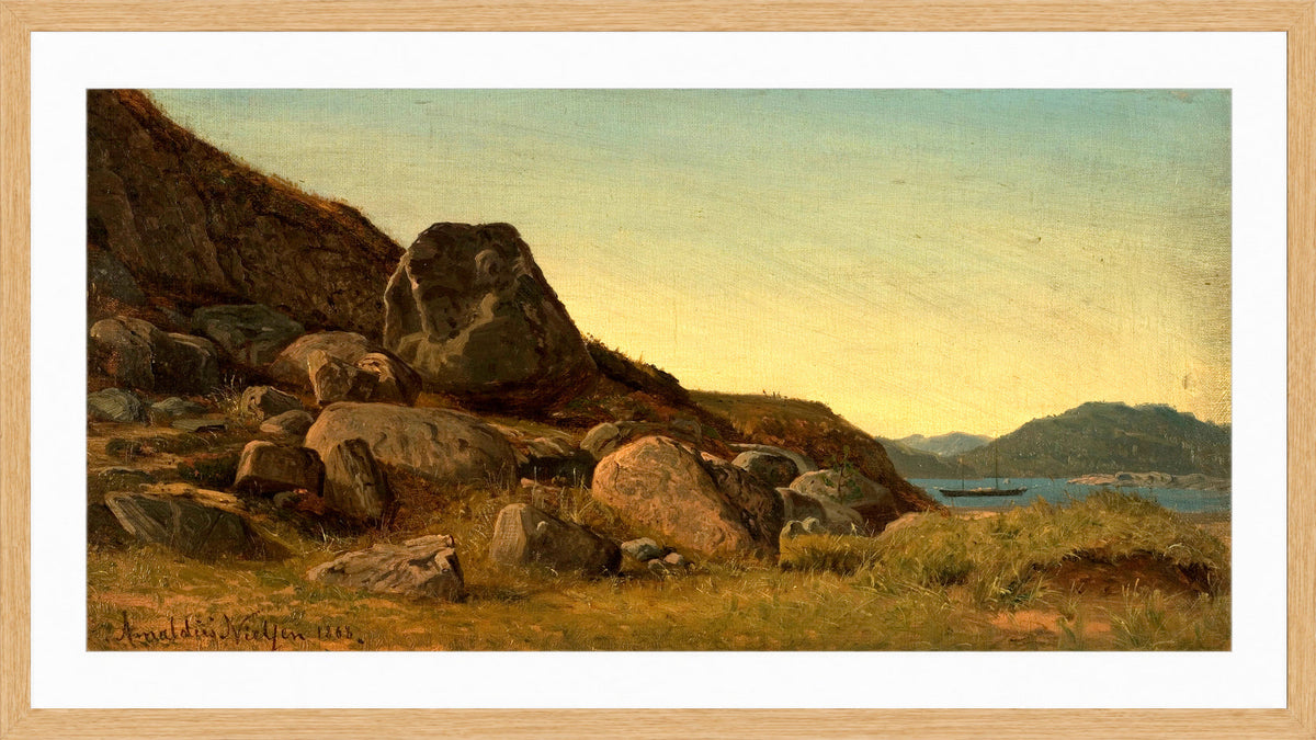 Amaldus Nielsen Print, Sørlandsk landskap (1868) in a light oak frame