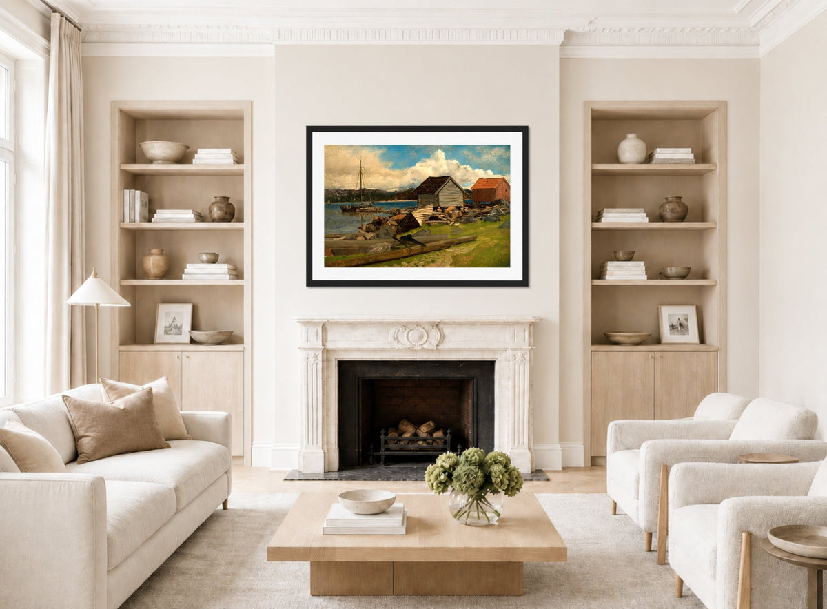Amaldus Nielsen Print, Saanum, Mandal (1858) displayed in a Scandinavian living room