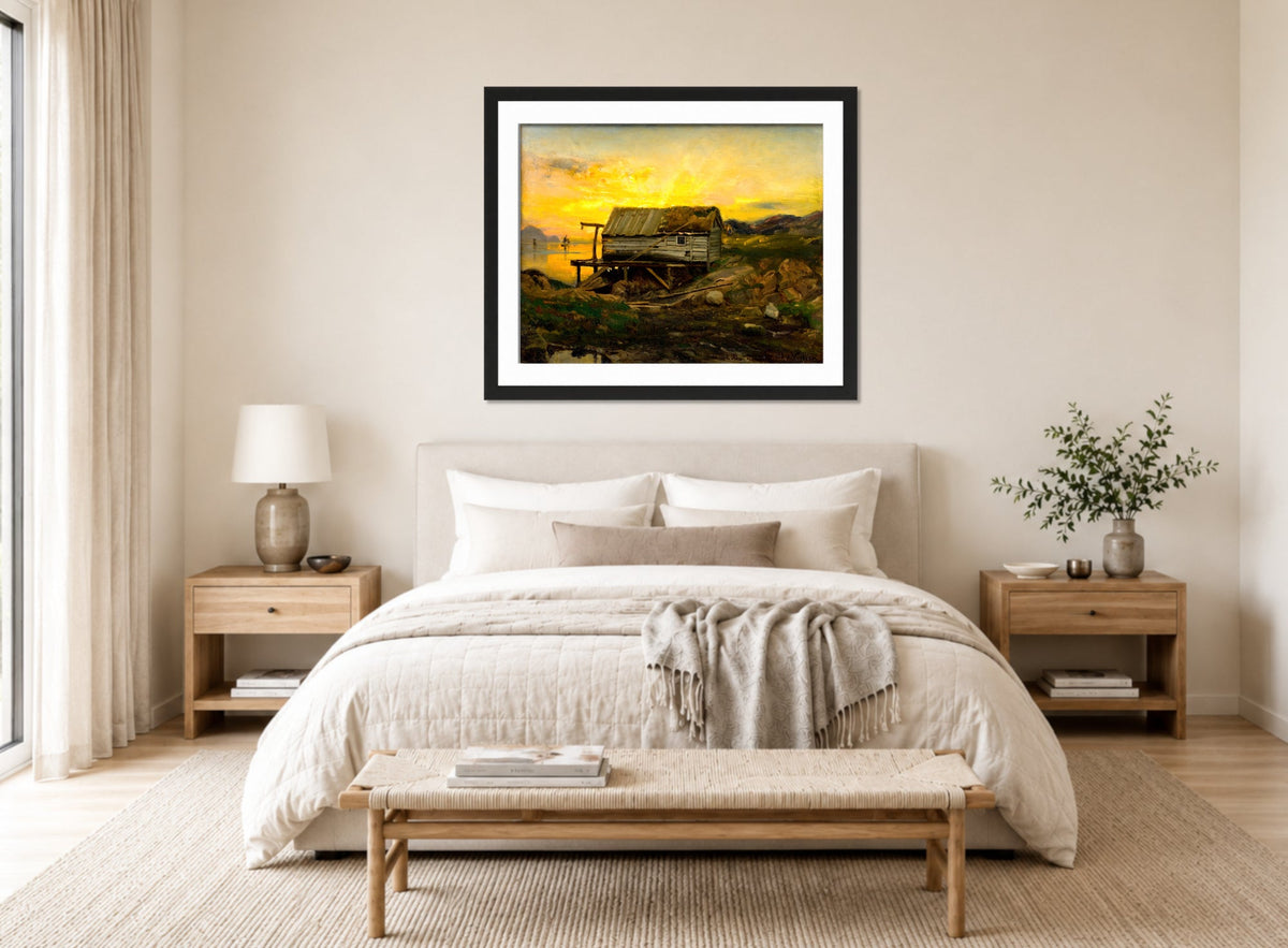 Amaldus Nielsen Print, Salterier, Kinn (1860) displayed above a bed