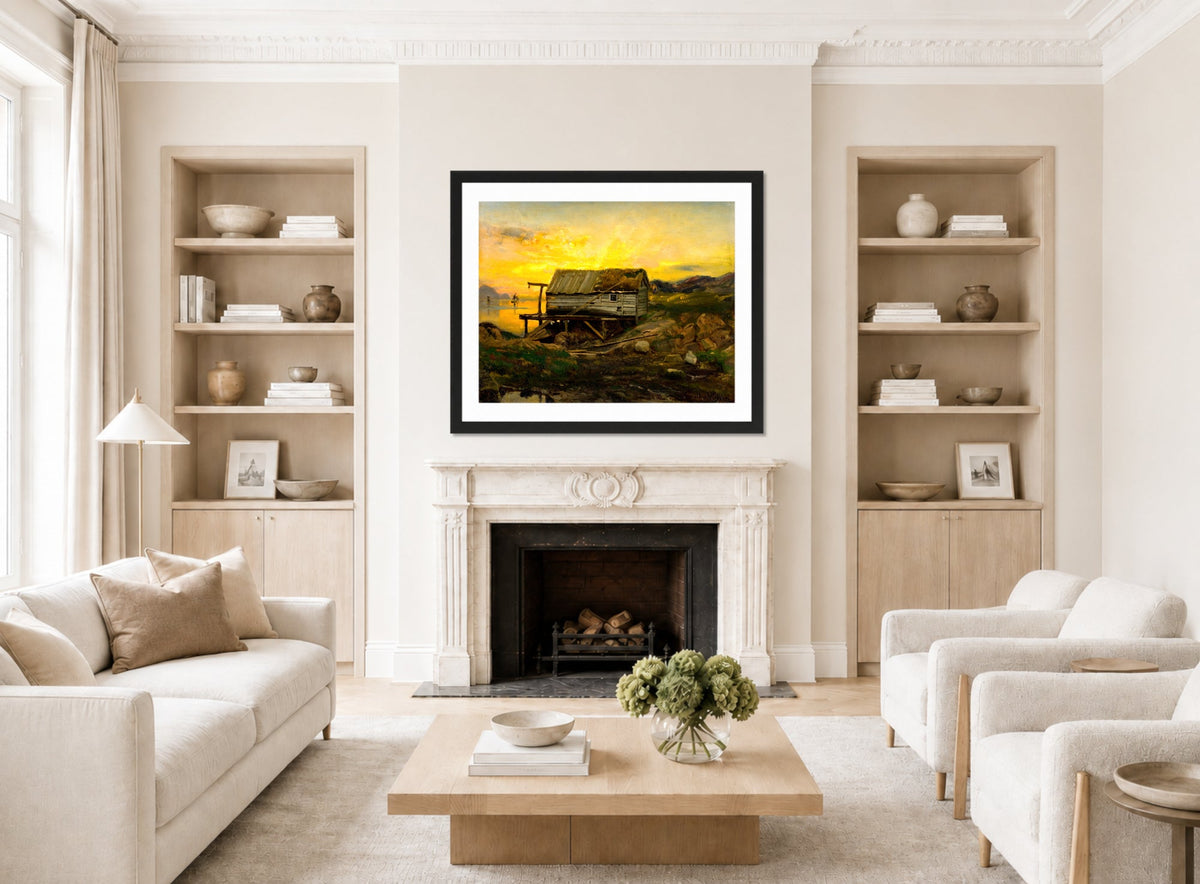 Amaldus Nielsen Print, Salterier, Kinn (1860) displayed in a Scandinavian living room
