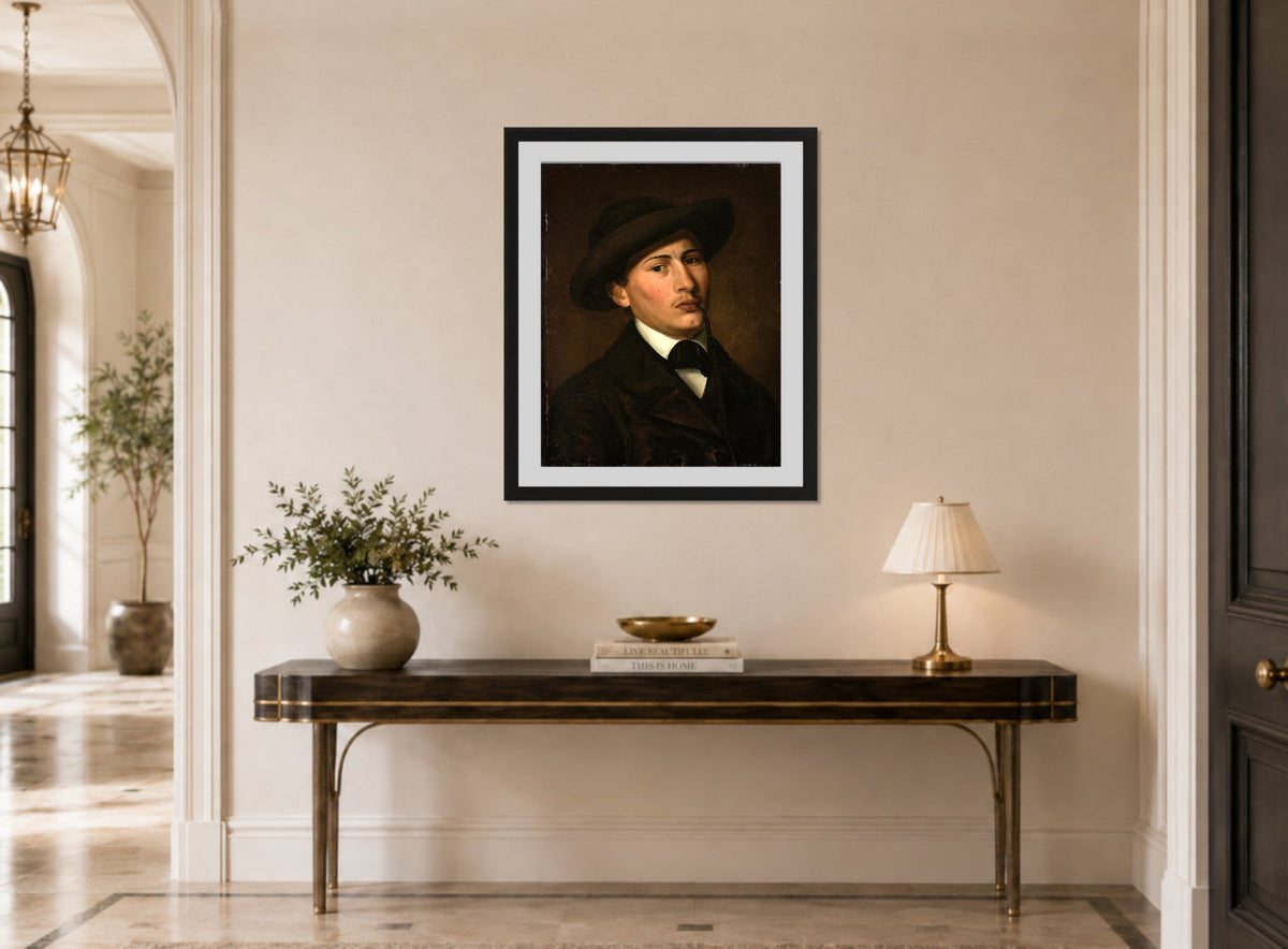 Amaldus Nielsen Print, Selvportrett (1857) displayed above a console table