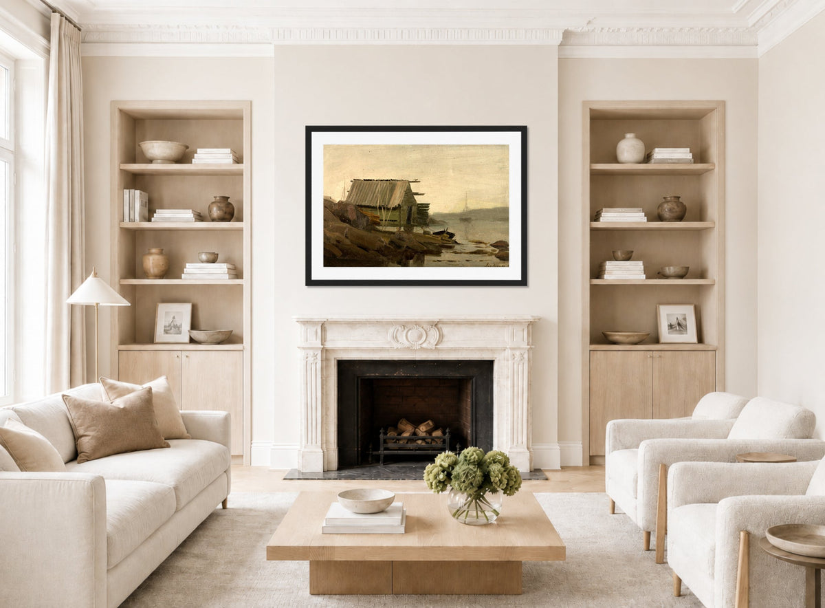 Amaldus Nielsen Print, Sjøbod, Lindesnes (1858) displayed in a Scandinavian living room