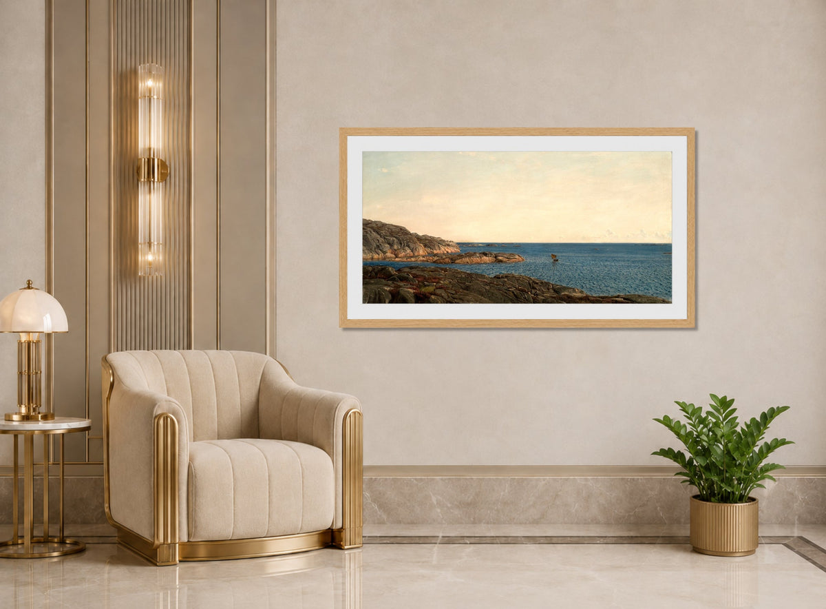Amaldus Nielsen Print, Skjærgård, Gamle Hellesund (1895) displayed in an Art Deco interior