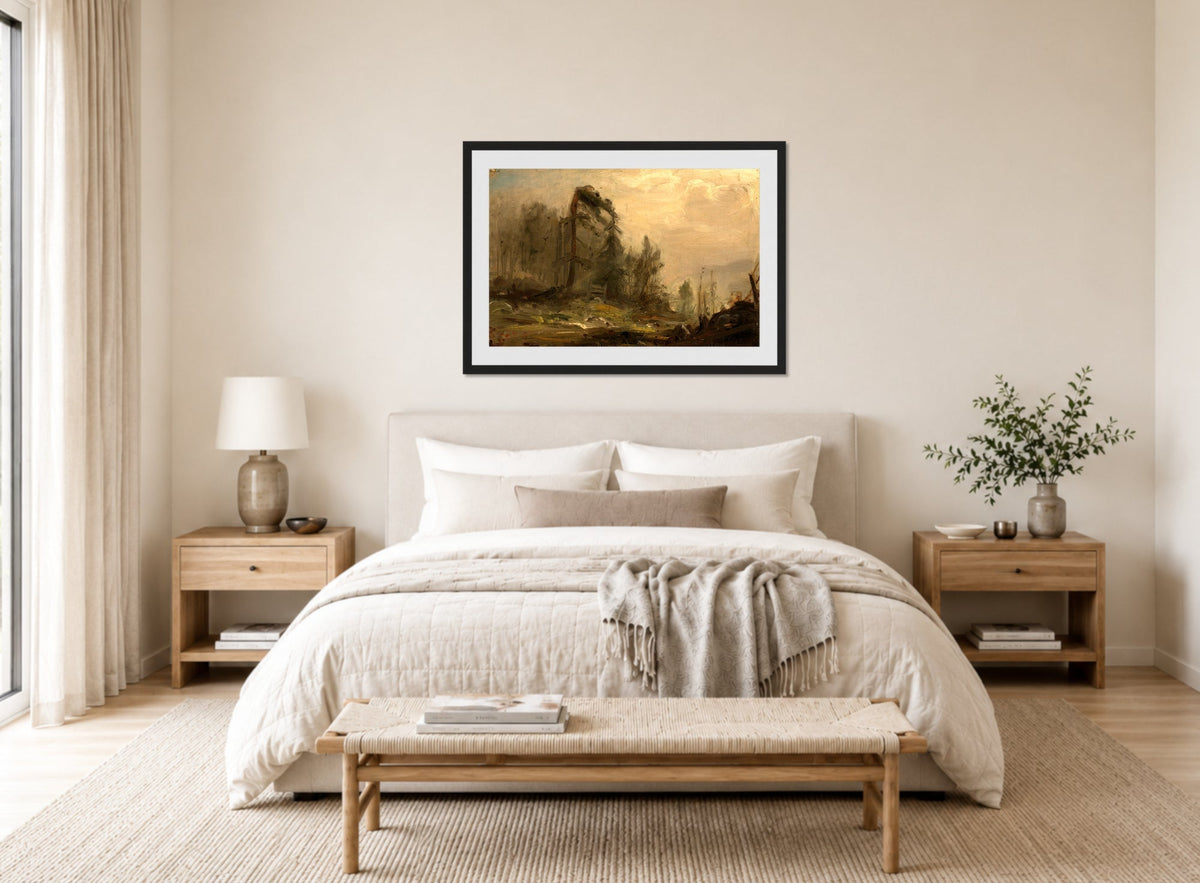 Amaldus Nielsen Print, Skogparti i tåke (1869) displayed above a bed