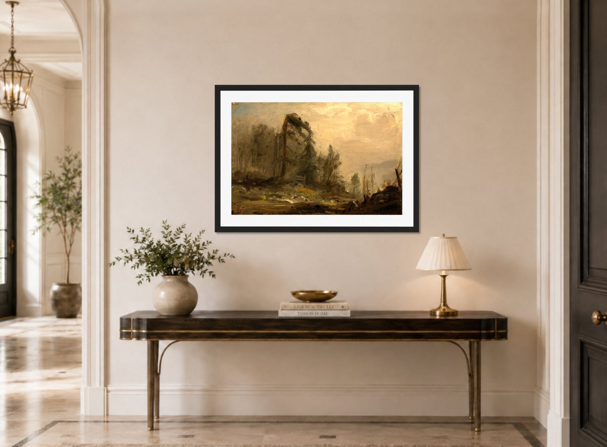 Amaldus Nielsen Print, Skogparti i tåke (1869) displayed above a console table