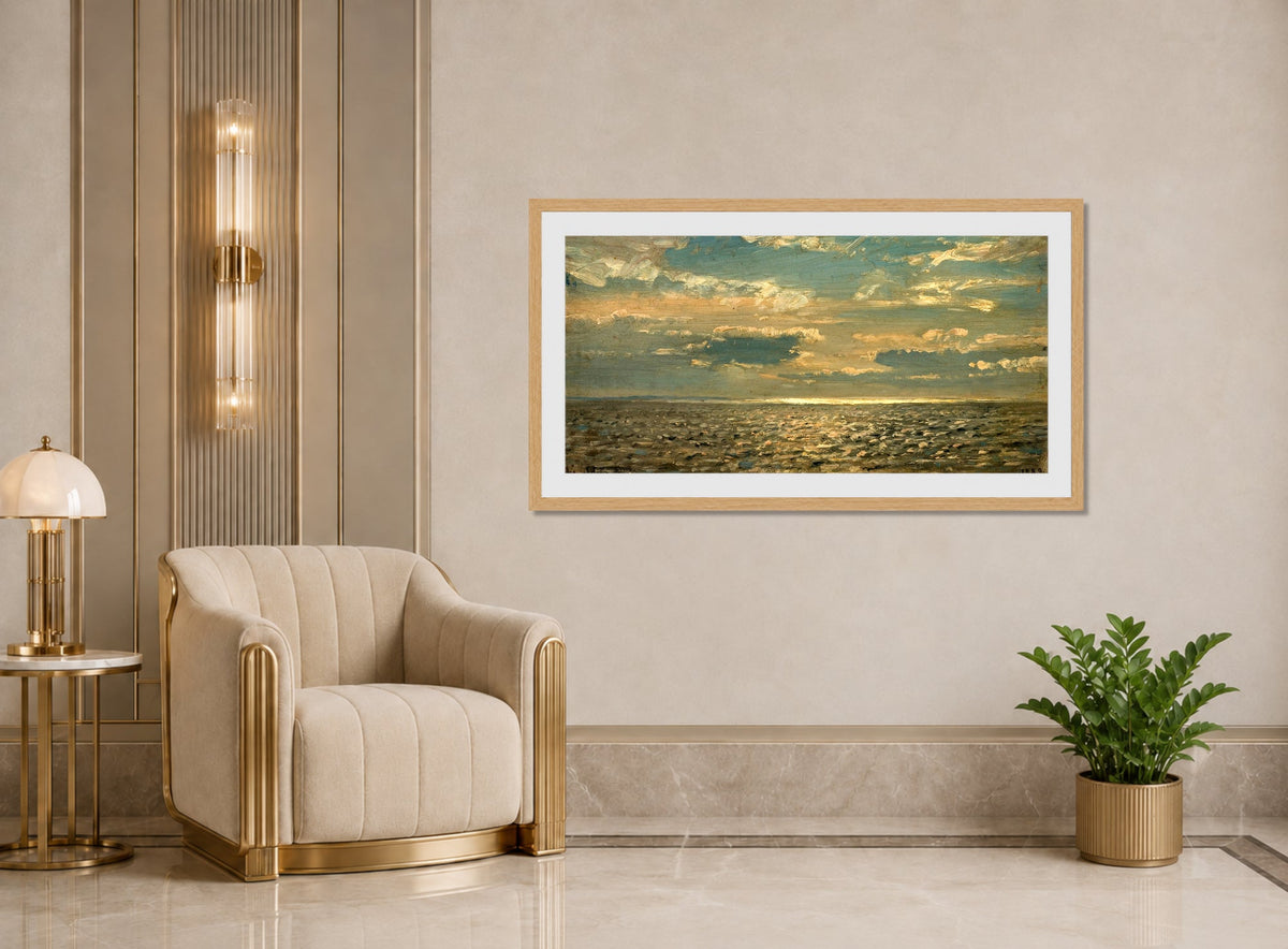 Amaldus Nielsen Print, Skyet vær (1889) displayed in an Art Deco interior