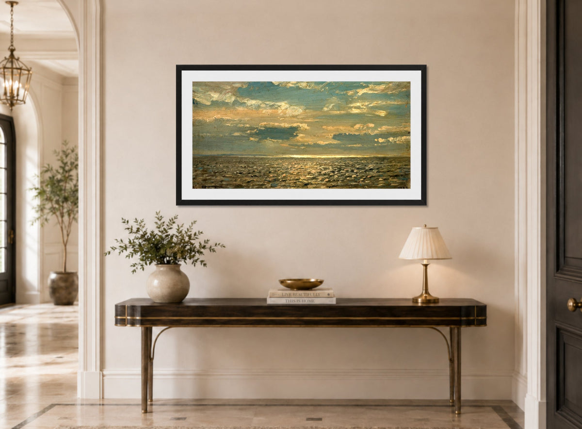 Amaldus Nielsen Print, Skyet vær (1889) displayed above a console table
