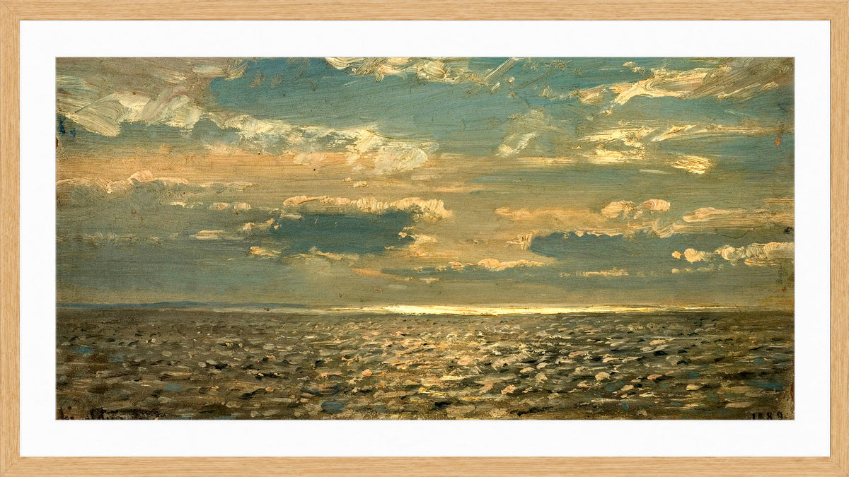 Amaldus Nielsen Print, Skyet vær (1889) in a light oak frame