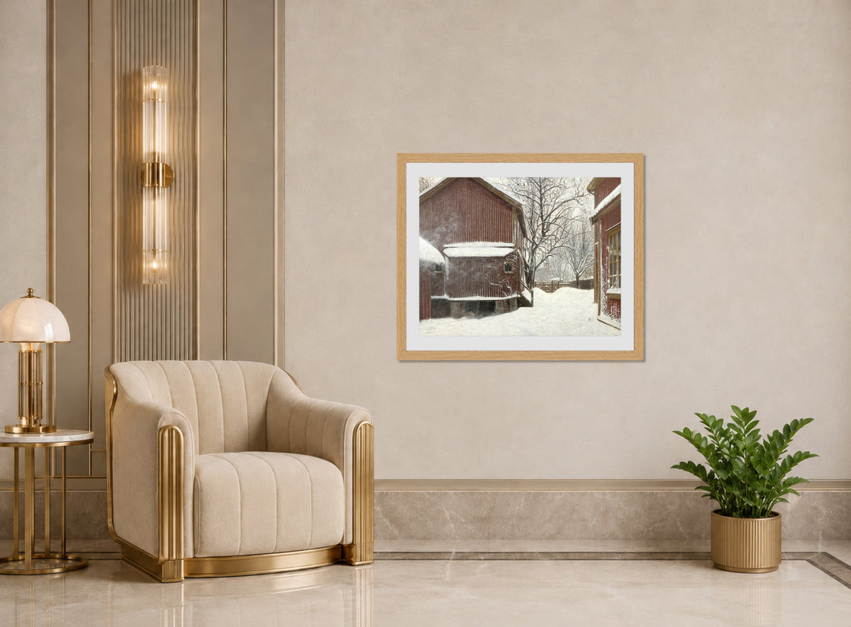Amaldus Nielsen Print, Snefokk i Majorstuveien 8 displayed in an Art Deco interior