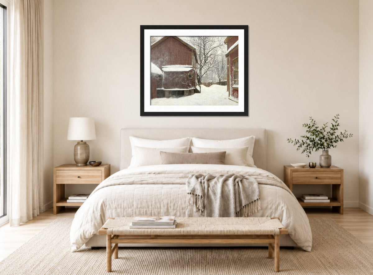 Amaldus Nielsen Print, Snefokk i Majorstuveien 8 displayed above a bed