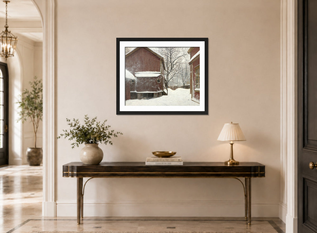 Amaldus Nielsen Print, Snefokk i Majorstuveien 8 displayed above a console table