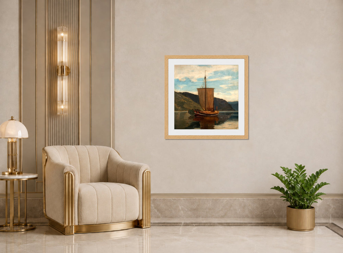 Amaldus Nielsen Print, Sognejakt (1865) displayed in an Art Deco interior