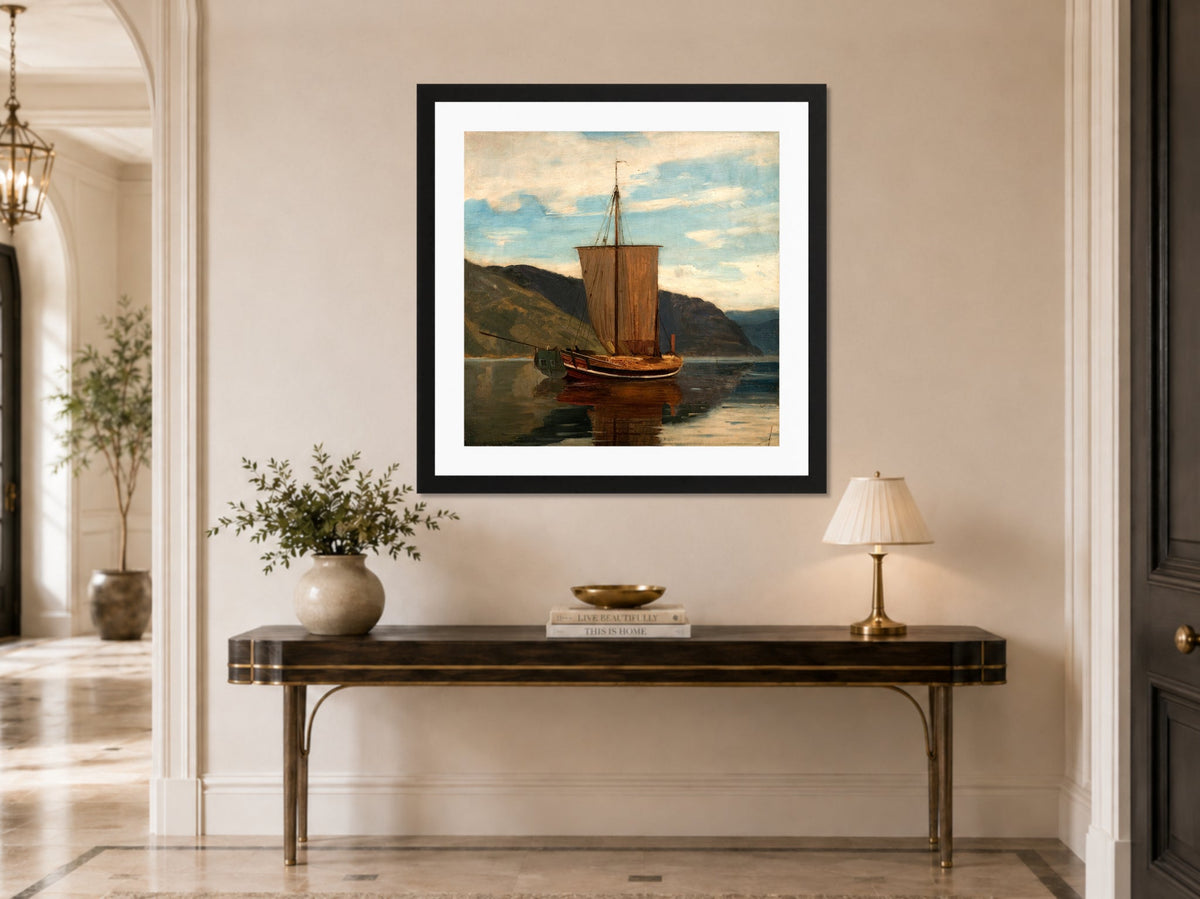 Amaldus Nielsen Print, Sognejakt (1865) displayed above a console table