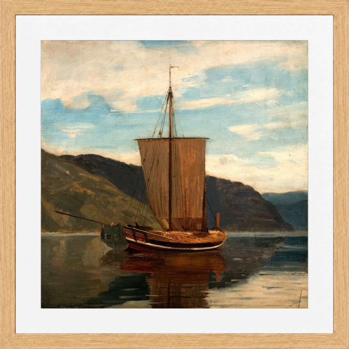 Amaldus Nielsen Print, Sognejakt (1865) in a light oak frame
