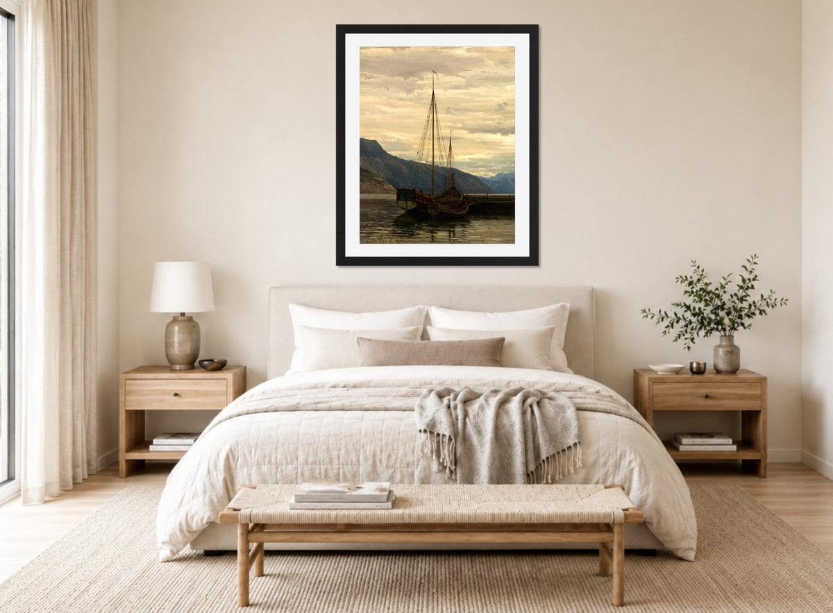 Amaldus Nielsen Print, Sognejekter (1865) displayed above a bed