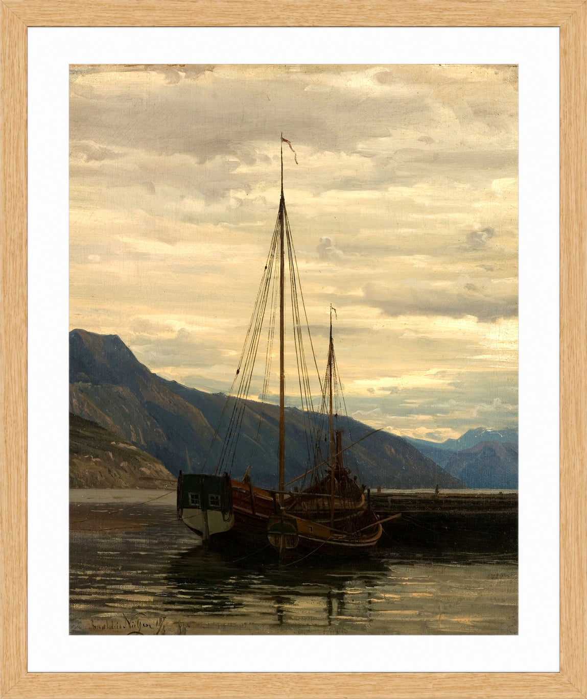 Amaldus Nielsen Print, Sognejekter (1865) in a light oak frame