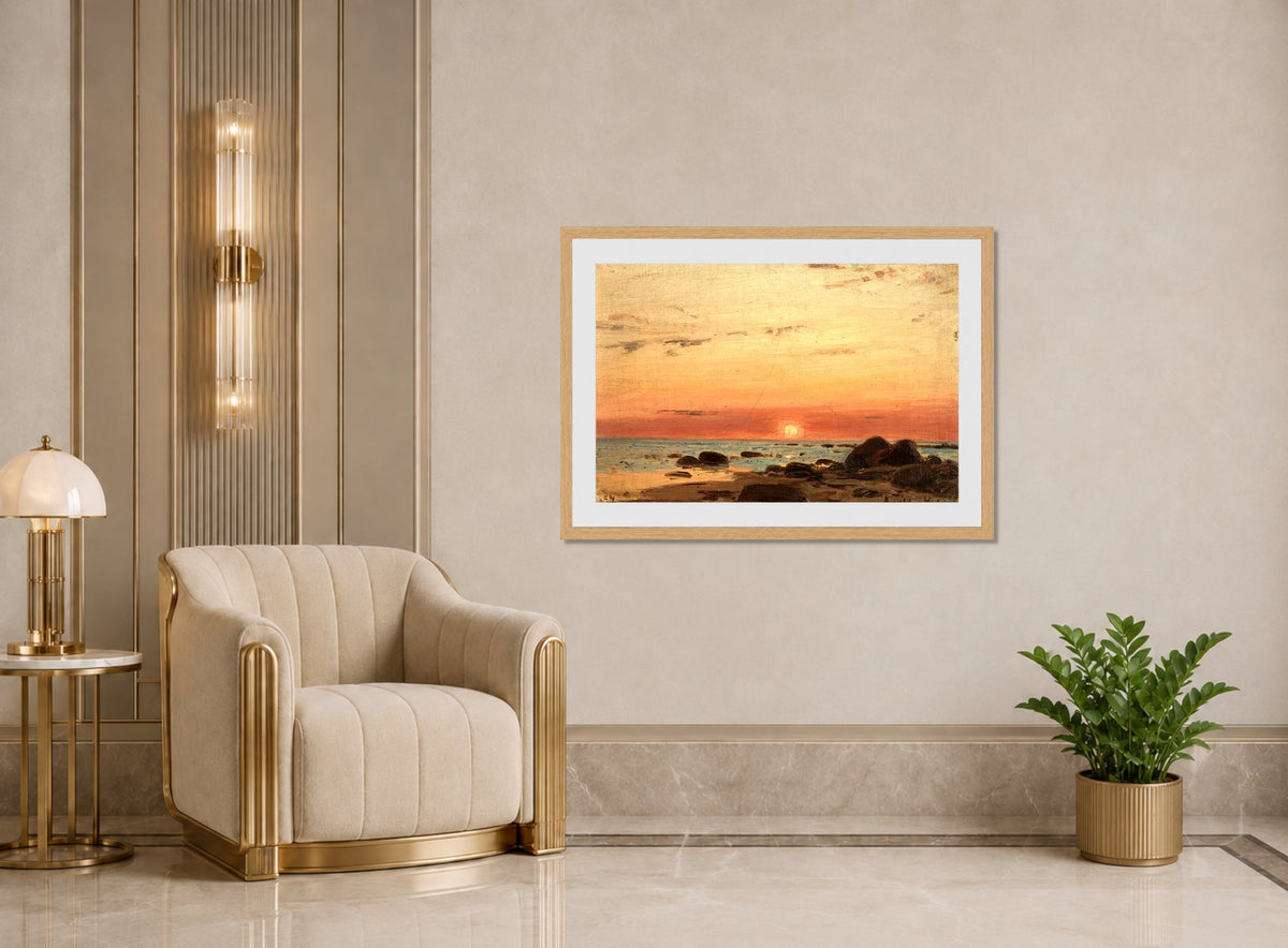 Amaldus Nielsen Print, Solnedgang (1884) displayed in an Art Deco interior