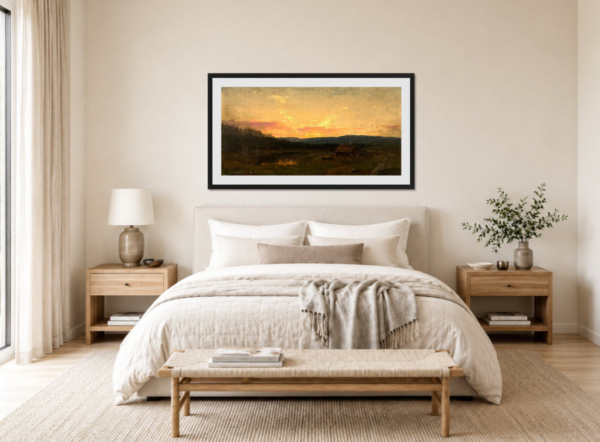 Amaldus Nielsen Print, Solnedgang ved seteren (1866) displayed above a bed