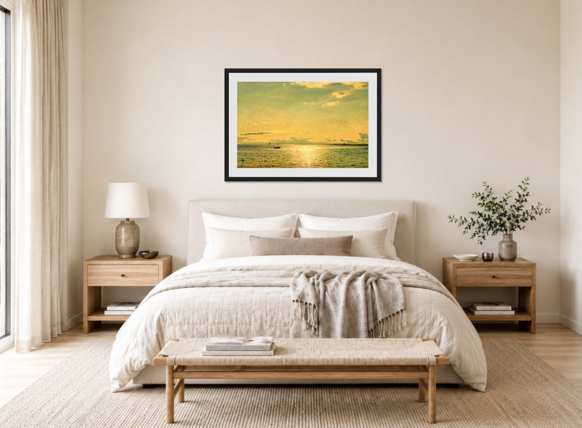 Amaldus Nielsen Print, Solskinnsstemning, Hvaler (1889) displayed above a bed