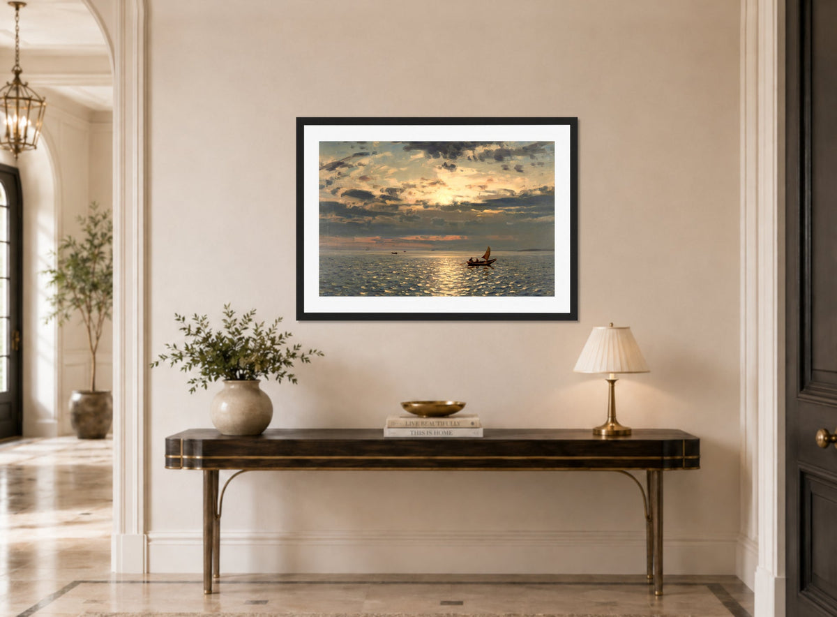 Amaldus Nielsen Print, Solspeil (1900) displayed above a console table