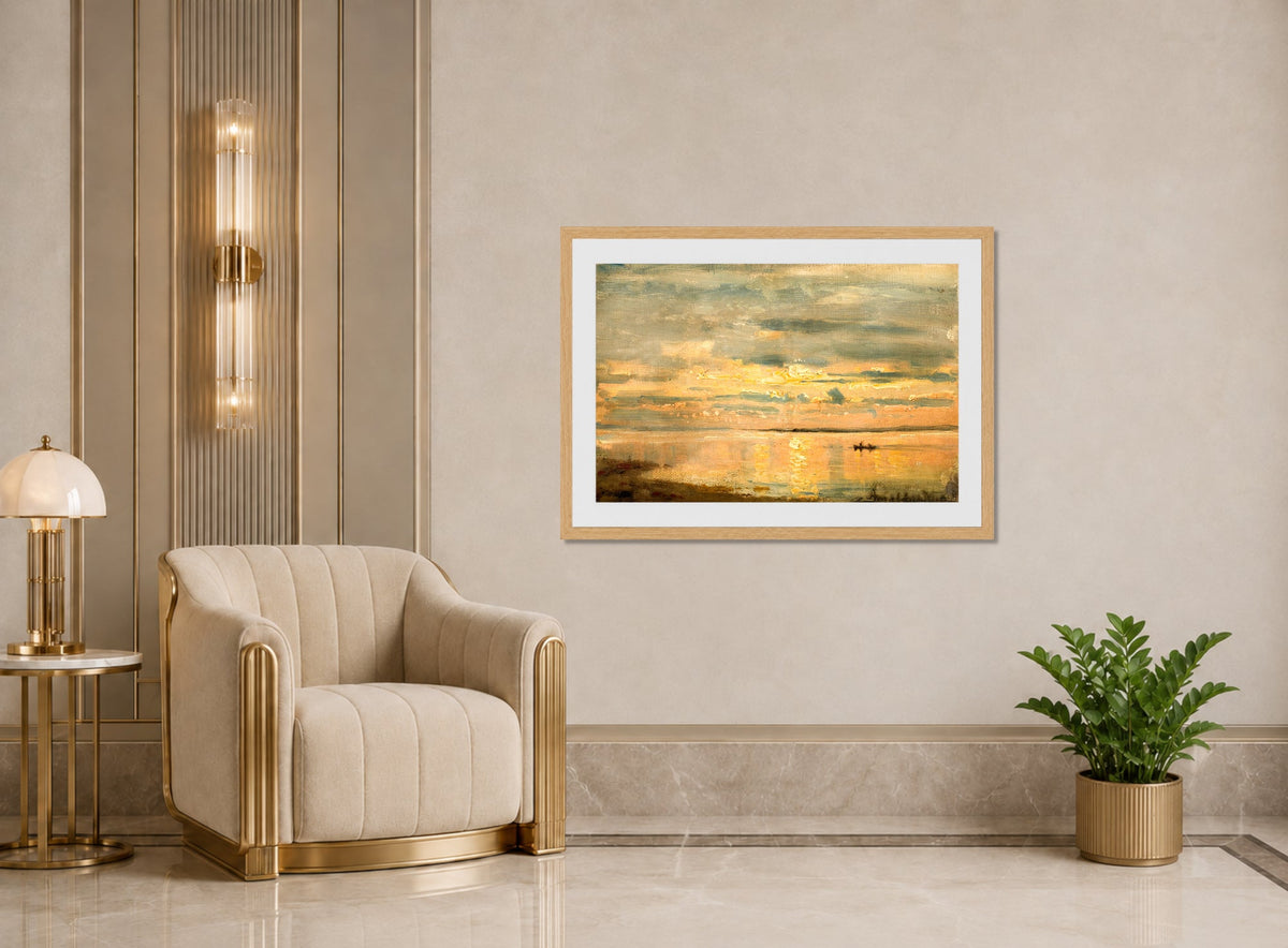 Amaldus Nielsen Print, Sommeraften, Hvaler (1898) displayed in an Art Deco interior
