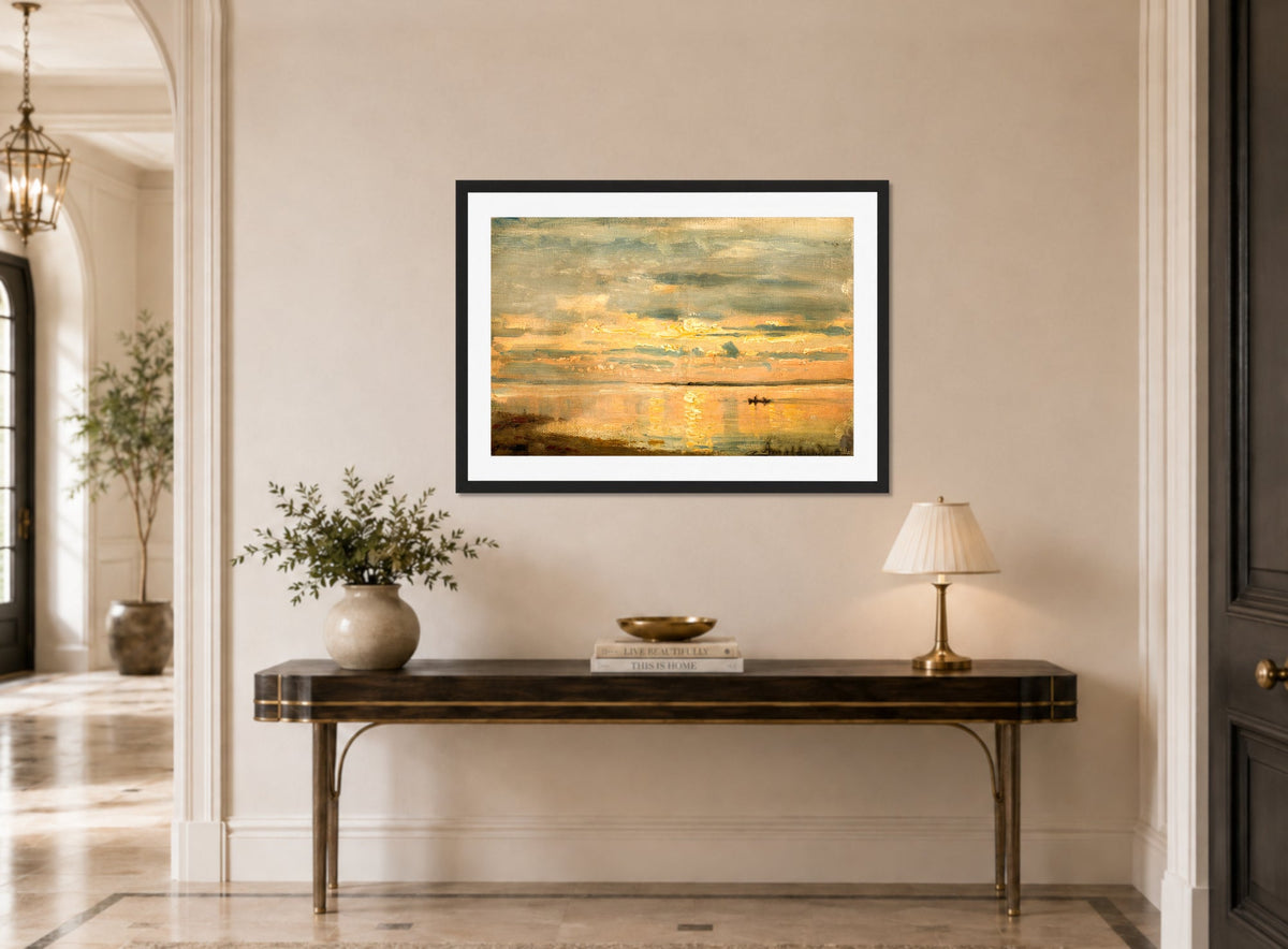 Amaldus Nielsen Print, Sommeraften, Hvaler (1898) displayed above a console table