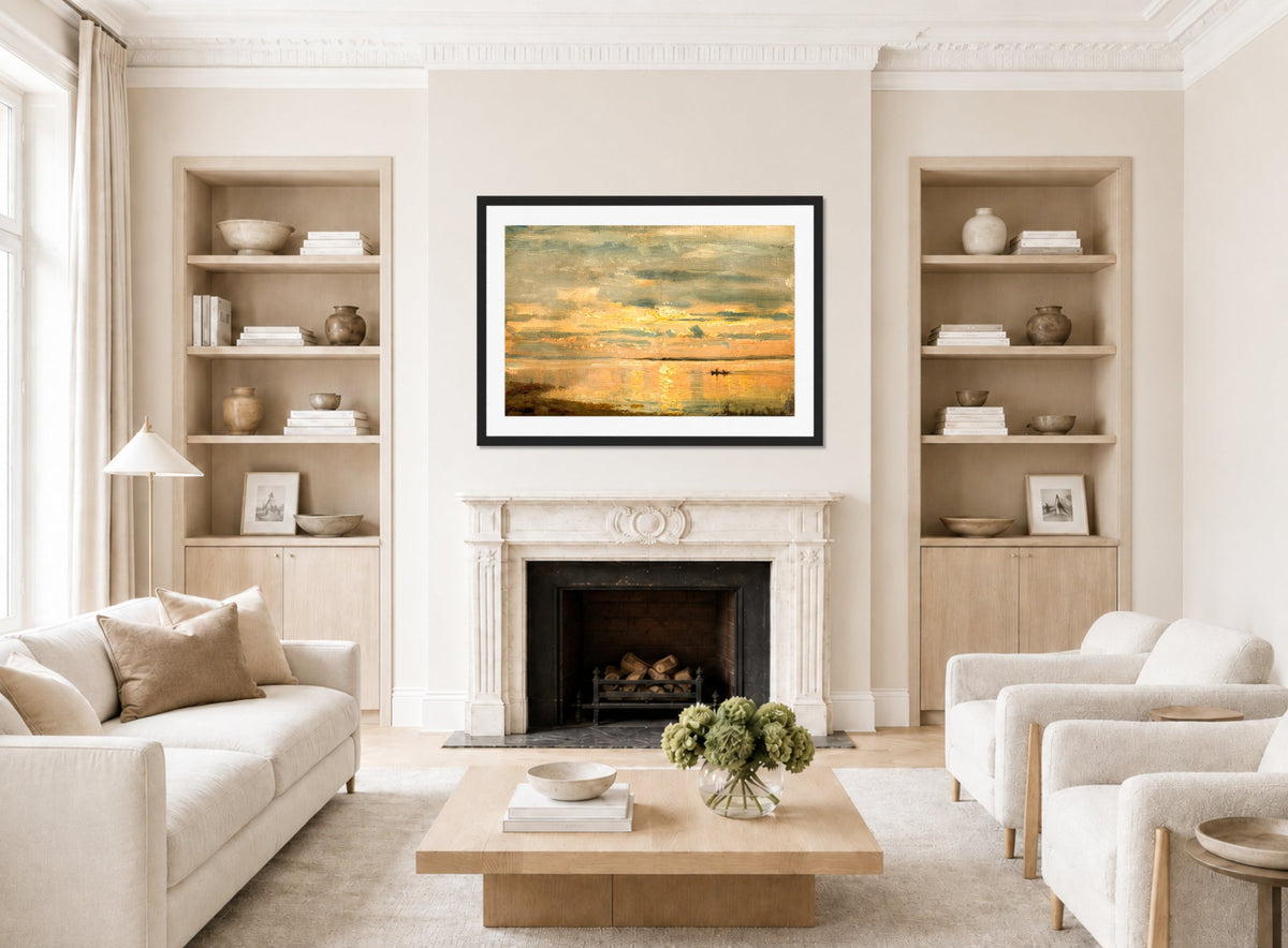 Amaldus Nielsen Print, Sommeraften, Hvaler (1898) displayed in a Scandinavian living room