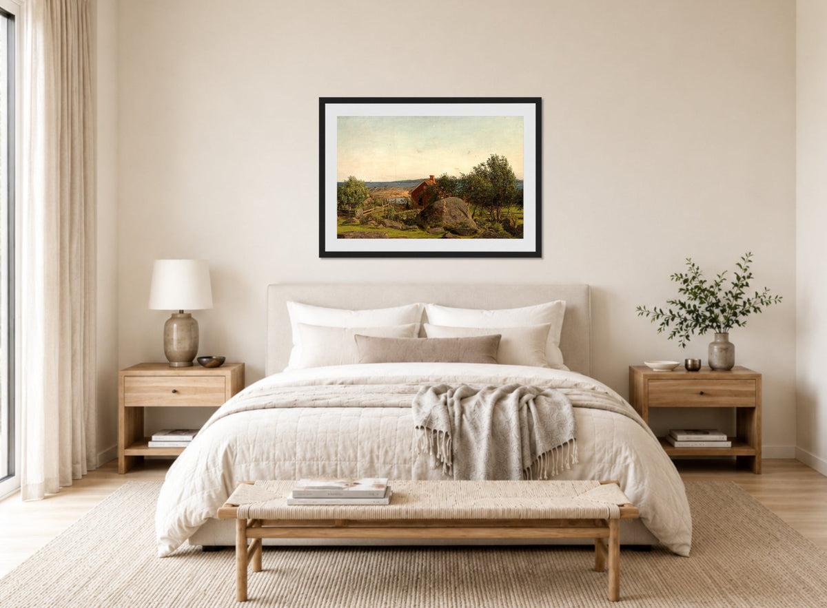 Amaldus Nielsen Print, Sommeraften i skjærgården (1898) displayed above a bed