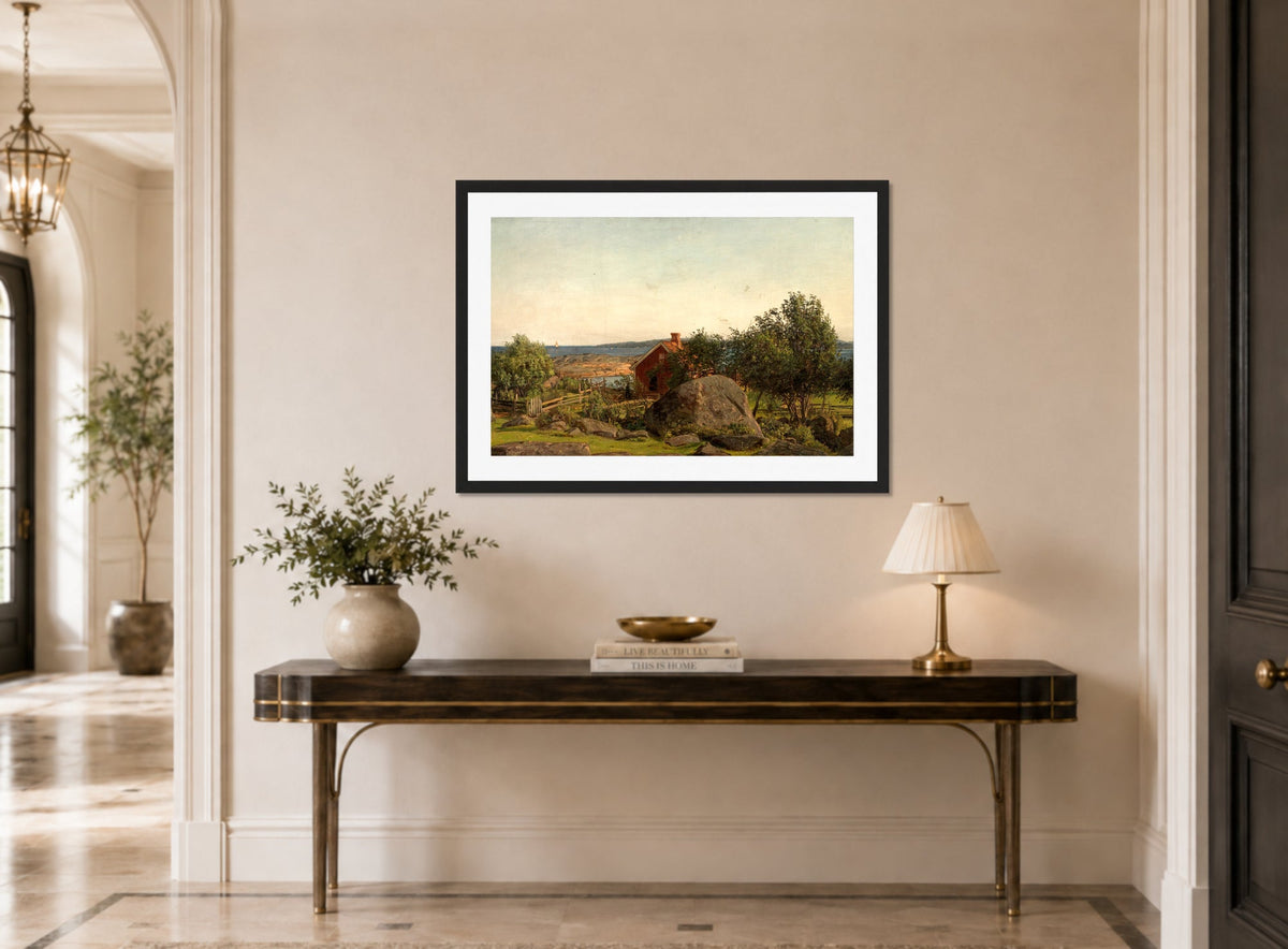Amaldus Nielsen Print, Sommeraften i skjærgården (1898) displayed above a console table