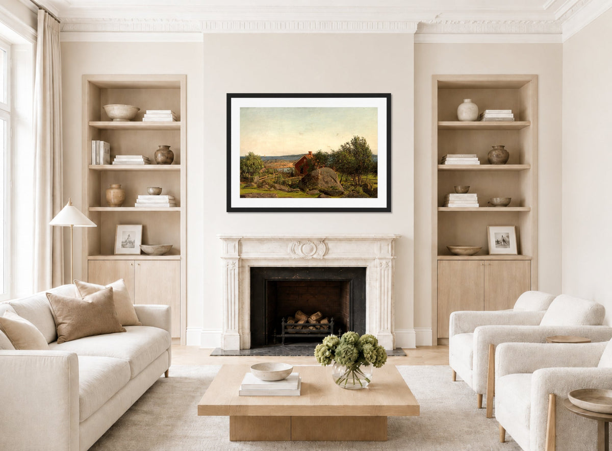 Amaldus Nielsen Print, Sommeraften i skjærgården (1898) displayed in a Scandinavian living room