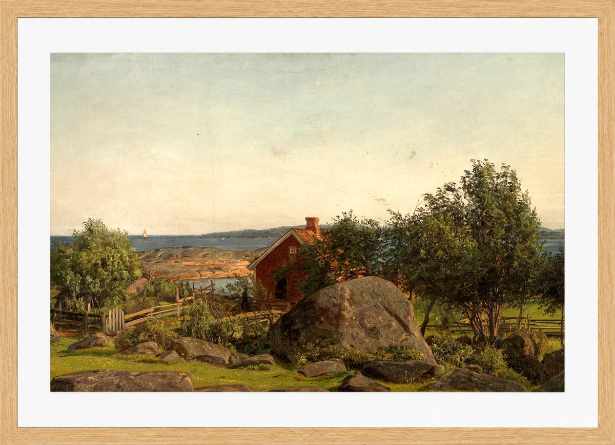 Amaldus Nielsen Print, Sommeraften i skjærgården (1898) in a light oak frame