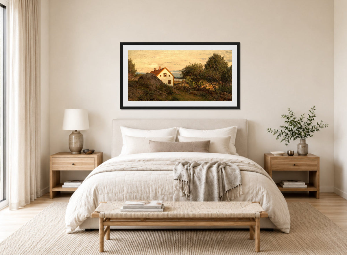 Amaldus Nielsen Print, Sommeraften ved Hvaler (1896) displayed above a bed
