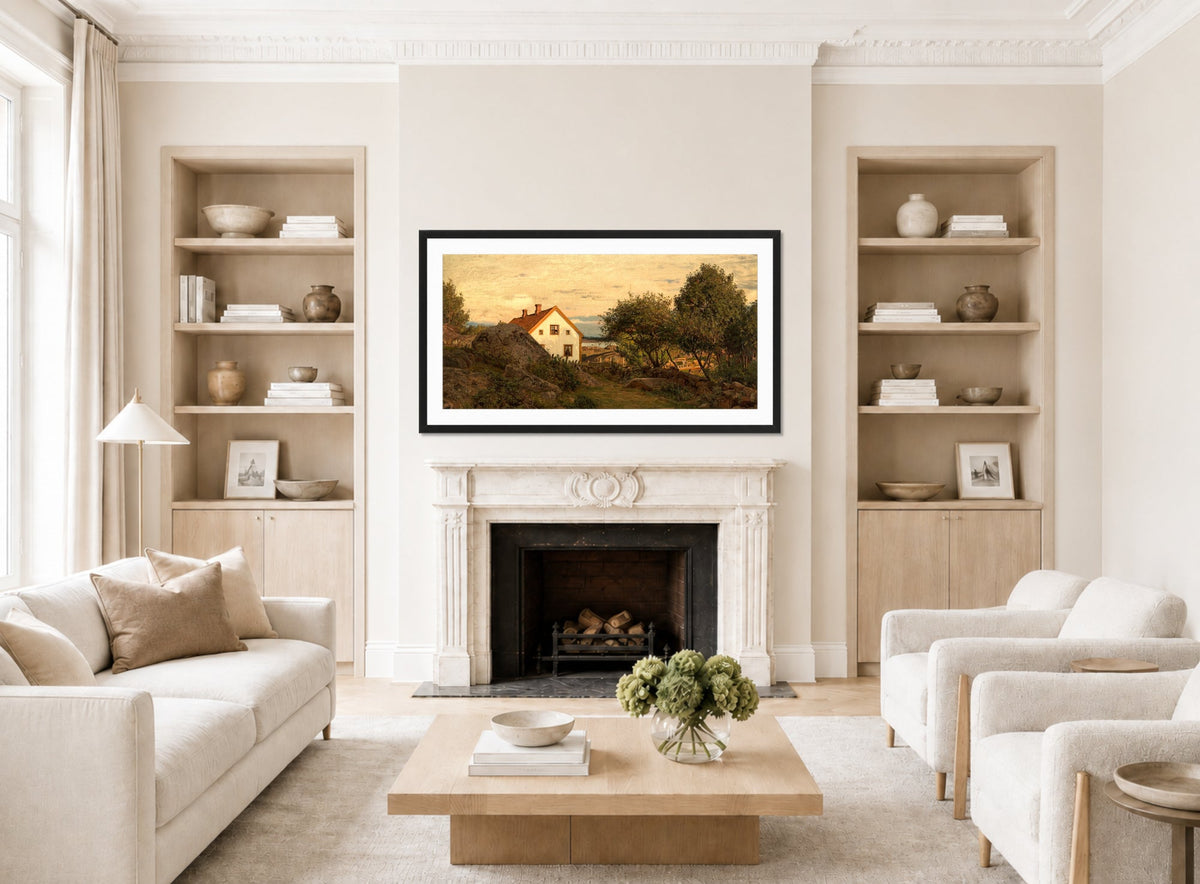 Amaldus Nielsen Print, Sommeraften ved Hvaler (1896) displayed in a Scandinavian living room