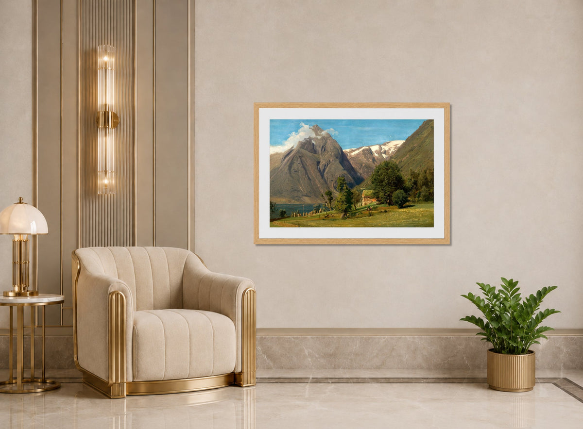 Amaldus Nielsen Print, Sommerdag, Balestrand displayed in an Art Deco interior
