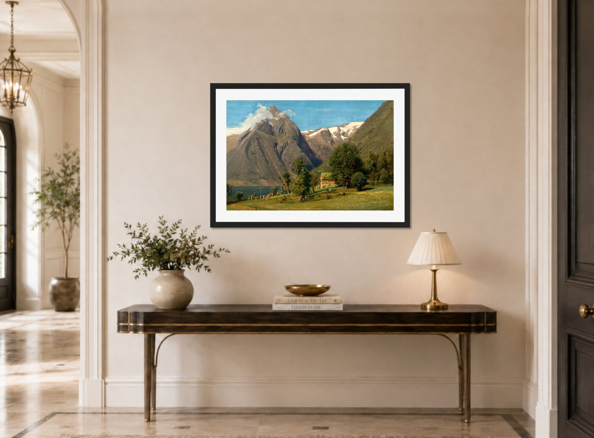 Amaldus Nielsen Print, Sommerdag, Balestrand displayed above a console table