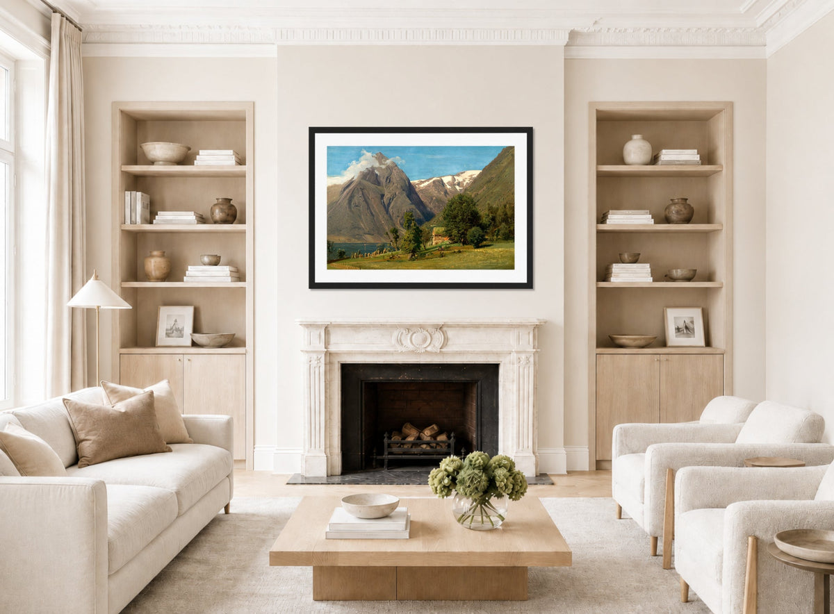Amaldus Nielsen Print, Sommerdag, Balestrand displayed in a Scandinavian living room