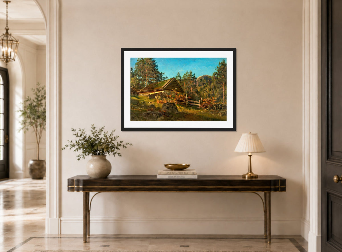 Amaldus Nielsen Print, Sommerfjøs (1861) displayed above a console table
