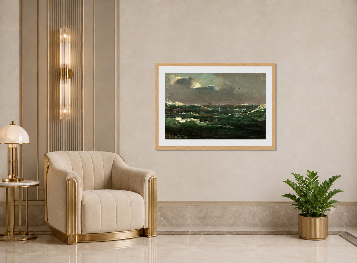 Amaldus Nielsen Print, Spanskesjøen (1860) displayed in an Art Deco interior